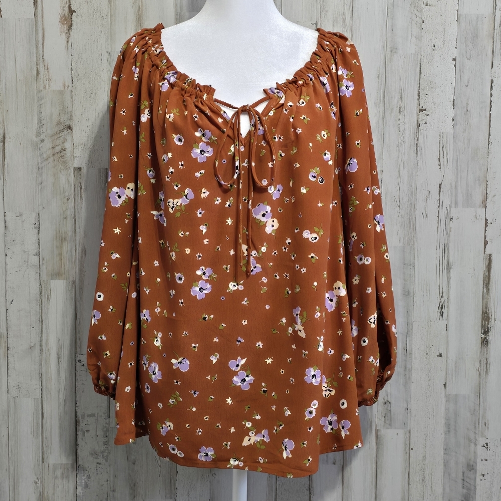 Sanctuary Rust Burnt Orange Floral Peasant Tie Neck Balloon Sleeve Blouse XL